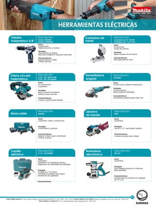 Usos:
Construcción
Taladra aluminio y madera
Ventajas:
Alta duración de bateria
Ideal para trabajos en espacios reducidos
Características:
Colores blanco y verde
Taladro percutor
Usos:
En construcción
Carpintería
Ventajas:
Mayor duración de batería
Realiza cortes precisos
Características:
Liviana y práctica para trabajar
Usos:
Construccion y talleres metalurgicos
Ventajas:
Cortes precisos
Mayor potencia 2300watts
Características:
Empuñadura giratoria para mejor uso
Usos:
Carpinteria, metal y construcción
Ventajas:
Cortes lijeros y precisos
Características:
Bateria lxt lition mayor rendimiento
Liviana, practica
Usos:
Carpinteria
Ventajas:
Lija de 3 x 21, para lijados rapidos
Características:
Livianas practicas para trabajo
Usos:
Carpinteria
Cepillados con acabados precisos
Regulacion de profundidad de cepillados
Ventajas:
Cuhillas de 3 1/4 liviano
Cuchillas de tustegno para mayor
rendimiento de cepillados
Características:
Usos:
Carpinteria
Ventajas:
Para trabajos precisos en molduras
Base ajustable
Características:
Cambio facil de cuchillas con vastagos
de 1/4 a 1/2
Usos:
Construcción
Cortes de tuberías
Ventajas:
Mayor duración de los discos
Características:
Alta capacidad de corte
Sierra sable
Lijadora
de banda
Taladro
inalambrico 3/8”
Descripción:
Taladro FD02WK
Taladro PH03WMK
Cierra circular
inalambrica
Descripción:
3 3/8” 12V. SH01W MK
5 3/8” 18V. BCS550MK
Descripción:
JR3050T
Cortadora de
metal
Descripción:
Cortadora de 14” 2414N
Cortadora de 7 1/4” 4131
Esmeriladora
angular
Descripción:
GA7040S
Descripción:
9902
HERRAMIENTAS ELÉCTRICAS
Cepillo
eléctrico
Ruteadora
electrónica
Descripción:
3 1/4” 4A KP0800
Descripción:
RD1101
12
TIENDA SUMINSA MASAYA: Km 30 carretera a Masaya, Planta Industrial INCASA Tel.: 2522-2620 / 2522-2264 • TIENDA SUMINSA PLAZA ESPAÑA: Rotonda el Guegüense, 500 mts. al este Tel.: 2266-0616
TIENDA SUMINSA EL GUANACASTE: Km 9.5 carretera Masaya, Plaza Güanacaste Tel.: 2276-0127
 