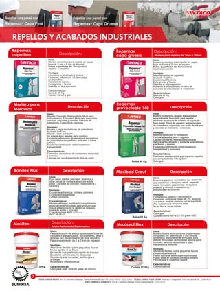Maxiseal Flex Descripción
Usos:
Mortero flexible bicomponente, impermeable
compuesto por latex líquido y una mezcla
cementicia, especialmente formulado para
detener filtraciones de humedad severa sobre
concreto, laminas cementicias o yeso,
mampostería, enlucido
Ventajas:
Altamente flexible, cubre pequeñas fisuras
Excelente adherencia
Puede aplicarse sobre superficie humeda
Puede estar en contacto con agua potable
Permite que la superficie respire
Características:
Colores blancosCubeta 17.3Kg.
Repemax
capa fina Descripción:
Repemax
capa gruesa
Descripción:
Usos:
Mortero cementicio para repellar en capas
finas de 5 mm a 20 mm de espesor
Sobre superficies de: Mampostería,
repellos o concreto
Ventajas:
Máxima rápidez de repellado
Acabado más liso.
Excelente adherencia.
Evita grietas y fisuras.
Rápidez en la preparación.
Aumenta la productividad en obra, al
aumentar la velocidad en la instalación
Características:
Saco de 40 Kg.
Color gris
Mortero para repellos de 3mm a 20mm
Usos:
Mortero cementicio para repellar en capas
finas de 3 mm a 5 mm de espesor
Sobre superficies de: Mampostería,
repellos o concreto
Ventajas:
Economía en el afinado y pintura.
Excelente adherencia, no descuelga.
Acabado fino.
Variedad de colores.
Evita grietas y fisuras.
Rápidez en la preparación
Características:
Saco de 40 Kg.
Colores blanco y gris
Maxitex Descripción:
Estuco Texturizado ElastomericoEstuco Texturizado Elastomerico
Usos:
Para aplicación de estuco sobre superficies de
concreto o prefabricados, fibrocemento, yeso y
laminas con recubrimiento de fibra de vidrio
Para revestimiento de 1 a 3 mm de espesor
Ventajas:
Altamente flexible, cubre pequeñas fisuras
No se agrieta ni se fisura
Excelente trabajabilidad, rápido de trabajar
Excelente adherencia, no descuelga
Resistente a la humedad, antihongos y
antialgas
No produce eflorescencia
Características:
Listo para usar, libre de sales de cloruro
30Kg.
REPELLOS Y ACABADOS INDUSTRIALES
Bondex Plus Descripción
Usos:
Para pegar piedras naturales, cerámica y
otras piezas de mediana absorción sobre
pisos y paredes de concreto, mampostería y
cerámica
Ventajas:
Excelente adherencia, contiene polimeros
Excelente trabajabilidad
Calidad constante
Características:
Mortero adhesivo modificado con polímeros,
especialmente formulado para producir una
mayor adherencia de la cerámica, mosaico,
loseta de arcilla o concreto.
Cumple normas ANSI A118.4 e
INTE 06-08-03.
Usos:
Repello, Concreto, Mampostería, Muro seco,
Fibrocemento, Fibroyeso, Molduras, banquinas,
cornisas, precintas y cenefas, Láminas de
poliestireno Exteriores e interiores
Ventajas:
Reviste y pega las molduras de poliestireno.
Acabado final liso.
Rápida y fácil aplicación.
Se adapta a los detalles de la moldura.
Excelente adherencia de elementos decorativos
de poliestireno a superficies verticales o sobre
cabeza.
Excelente combinación entre resistencia y
trabajabilidad
Características:
Elementos decorativos de poliestireno expandido
y extruido
Láminas con recubrimiento de fibra de vidrio
Descripción
Mortero para
Molduras
Maxibed Grout
Usos:
Mortero expansivo, no metálico que desarrolla
alta resistencia a temprana edad, especial-
mente formulado para anclaje de equipos
pesados y rellenos o reparaciones
estructurales en concreto
Ventajas:
Consistencia plástica o semiplástica
Expansión controlada hasta del 3%, asegura
una mayor área de contacto con la superficie
Alta resistencia a temprana edad
No se fisura, no se corroe
Características:
Color gris
Cumple norma ASTM C1107 grado ABC
Bolsa 25 Kg.
Descripción
Repemax
proyectable 140
Usos:
Mortero cementicio de gran trabajabilidad,
especialmente formulado para repellar
mediante lanzadora de mortero en capas de
5mm hasta 20mm de espesor, sobre paneles
de poliestireno expandido con malla de refuerzo
y concreto en interiores y exteriores
Ventajas:
Máxima rápidez en la instalación
Permite acabados lisos o rugosos
Calidad constante, mezcla predosificada
Reduce el fisuramiento y aumenta la resistencia
a la flexión y tensión
Excelente combinación entre resistencia,
trabajabilidad y economía
Características:
Diseñados para paredes que requieren repellos
con compresión de 140 Kg/Cm2
Color gris
Usos:
Mortero cementicio de gran trabajabilidad,
especialmente formulado para repellar
mediante lanzadora de mortero en capas de
5mm hasta 20mm de espesor, sobre paneles
de poliestireno expandido con malla de refuerzo
y concreto en interiores y exteriores
Ventajas:
Máxima rápidez en la instalación
Permite acabados lisos o rugosos
Calidad constante, mezcla predosificada
Reduce el fisuramiento y aumenta la resistencia
a la flexión y tensión
Excelente combinación entre resistencia,
trabajabilidad y economía
Características:
Diseñados para paredes que requieren repellos
con compresión de 140 Kg/Cm2
Color grisBolsa 40 Kg.
Descripción
7
TIENDA SUMINSA MASAYA: Km 30 carretera a Masaya, Planta Industrial INCASA Tel.: 2522-2620 / 2522-2264 • TIENDA SUMINSA PLAZA ESPAÑA: Rotonda el Guegüense, 500 mts. al este Tel.: 2266-0616
TIENDA SUMINSA EL GUANACASTE: Km 9.5 carretera Masaya, Plaza Güanacaste Tel.: 2276-0127
 