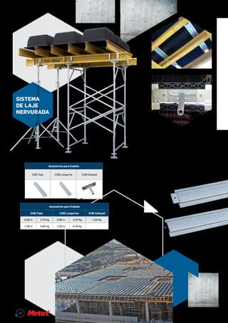Acessórios para Cubeta
CUB Tope CUB Longarina CUB Cabeçal
O sistema de escoramento e apoio de
cubetas possibilita a desforma rápida, o
que mantém a laje reescorada. Sua van-
tagem é eliminar o uso de madeira e reuti-
lizar cubas, guias e escoras. Esse sistema
oferece mais segurança e produtividade.
7 cm
Acessórios para Cubeta
CUB Tope CUB Longarina CUB Cabeçal
0,58 m 2,70 Kg 0,80 m 3,40 Kg 1,00 Kg
1,38 m 5,80 Kg 1,60 m 6,40 Kg -
7 cm
Sistema
de Laje
Nervurada
10
 