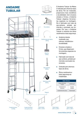 Dados Técnicos
Carga admissível
no piso
150,00 kg/m2
Acabamento da
estrutura
Esmalte
sintético
Acabamento dos pisos Galvanização
^^ Andaime tubular
modulado, que
oferece: resistência e
durabilidade;
^^ Encaixes simples e
firmes, que dispensam
ferramentas especiais na
montagem;
^^ Fabricado com tubo de
aço-carbono, pintado por
imersão e prensado nos
encaixes;
^^ Indicado para diversos
tipos de obras;
^^ Ótimo rendimento e
total segurança ao
trabalhador.
O Andaime Tubular da Metax
é indicado para diversos tipos
de obras. Por ser modulado,
proporciona mais resistência
e durabilidade. Com encaixes
simples e firmes, o Andaime
Tubular dispensa ferramen-
tas especiais na montagem.
Ele é fabricado com tubo de
aço-carbono, pintado por
imersão e prensado nos en-
caixes. Por isso, o Andaime
Tubular é sinônimo de ótimo
rendimento e total segurança.
andaime
tubular
Guarda-corpo sem degrau
3,60 Kg
Escada de acesso
11,40 Kg
Escada marinheiro
com guarda-corpo
Piso metálico
Base fixa
0,40 Kg
Base ajustável
4,00 Kg
Painel tubular
1,00 m x 1,00 m
Painel tubular
1,00 m x 1,50 m
Painel tubular
1,00 m x 2,00 m
Roda de borracha
3,00 Kg
Diagonal
Rodapé com guarda corpo
15www.metax.com.br
 