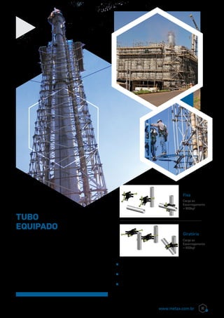 O Tubo Equipado é ideal para serviços em áreas
com grandes interferências, como escoramentos,
passarelas, estruturas tubulares, dentre outras.
Com montagem fácil e rápida, o Tubo Equipado
conferetotalresistênciaesegurançaàmanutenção
e montagem industrial, com 5 comprimentos de
treliça metálica e equipamentos especiais. Toda a
versatilidade dos equipamentos acoplados, você
encontra no Tubo Equipado Metax.
^^ Versatilidade e resistência;
^^ Total segurança;
^^ Ideal para serviços em áreas com grandes
interferências, como escoramentos,
passarelas, estruturas tubulares etc.
Tubo
equipado
Fixa
Carga ao
Escorregamento
= 900kgf
Giratória
Carga ao
Escorregamento
= 600kgf
31www.metax.com.br
 