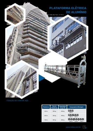 PLATAFORMA ELÉTRICA
de alumínio
A Plataforma elétrica de alumínio oferece maior mobilidade
agilidade e segurança em sua obra. Utilizado para serviços
de reparo, pintura, limpeza, instalação de tubulações, ma-
nutenção e outras atividades na construção civil e na manu-
tenção e montagem industrial.Fixação do cabo de Aço - A susten-
tação dos andaimes suspensos deve ser
feita por meio de vigas, afastadores ou
outras estruturas metálicas de resistên-
cia equivalentes a, no mínimo, três vezes
o maior esforço solicitante: Viga metá-
lica apoiada diretamente na laje; Viga
regulável para platibanda de concreto;
Viga I de 6” com contrapeso e suporte
metálico; Fixação com afastador.
Plataforma
Peso da
Plataforma
Capacidade/
Carga Útil
Composição da Montagem
2,50 m 260 kg 630 kg
5,00 m 304 kg 495 kg
7,50 m 362 kg 360 kg
2,50 m2,50 m2,50 m
2,50 m
2,50 m
2,50 m
35www.metax.com.br
 
