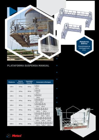 Plataforma
Peso da
Plataforma
Capacidade/
Carga Útil
Composição da Montagem
2,00 m 120 kg 430 kg
2,50 m 160 kg 390 kg
3,00 m 155 kg 395 kg
4,00 m 190 kg 360 kg
5,00 m 280 kg 270 kg
6,00 m 255 kg 295 kg
7,00 m 295 kg 255 kg
7,50 m 420 kg 130 kg
8,00 m 330 kg 220 kg
3,00 m
2,00 m 2,00 m
3,00 m 3,00 m
2,00 m 2,00 m
3,00 m 2,00 m 3,00 m
2,00 m
2,50 m
2,50 m2,50 m2,50 m
2,50 m 2,50 m
3,00 m
^^ Movimentações manuais rápidas e
seguras;
^^ Paradas feitas por sistema de
travamento automático;
^^ Rodízios para deslocamento no solo e
na fachada;
^^ Sistema de segurança com “blockstop”
em caso de rupturas do cabo de aço ou
inclinações excessivas da plataforma;
^^ Utiliza cabos de aço galvanizado 5/16”
nas máquinas de tração e no sistema de
segurança (“blockstop”);
^^ Largura útil de 0,70 metros;
^^ Altura do guarda-corpo 1,20 metros.
Capaz de suportar até 430 kg, a plataforma suspensa ma-
nual da Metax é ideal para limpeza e acabamento de fa-
chadas, com movimentações manuais rápidas e seguras.
PlataFoRMa SUSPenSa ManUal
Plataforma
Elétrica
Possibilidade de
montagem em
U e L
Este equipamento está disponível para locação
somente nas filiais do Rio de Janeiro e Goiânia.
36
 