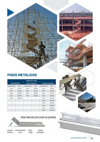 Plataforma e Pisos
Pisos Metálicos Pisos de Alumínio Pranchão de Madeira
Comprimento Peso Comprimento Peso Comprimento Peso
1,00 m 9,60 Kg 1,50 m 5,40 Kg 0,75 m 7,50 Kg
1,50 m 14,00 Kg 2,00 m 7,20 Kg 1,00 m 10,00 Kg
1,80 m 16,00 Kg 2,50 m 9,00 Kg 1,25 m 12,50 Kg
2,10 m 18,00 Kg 3,00 m 10,80 Kg 1,50 m 15,00 Kg
2,40 m 20,00 Kg - - 1,75 m 17,50 Kg
- - - - 2,00 m 20,00 Kg
- - - - 2,25 m 22,50 Kg
- - - - 2,50 m 25,00 Kg
- - - - 2,75 m 27,50 Kg
- - - - 3,00 m 30,00 Kg
PISOS METÁLICOS
PiSO MEtáLiCO COM ALÇAPãO
Largura
575mm
Comprimento
2,4m
Peso
24Kg
Carga
150 Kg/m2
39www.metax.com.br
 