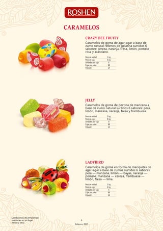 CARAMELOS
Peso de unidad 1 kg
Peso de caja 6 kg
Unidades por caja 6
Cajas por palet 88
Vida útil 24
CRAZY BEE FRUITY
Caramelos de goma de agar-agar a base de
zumo natural rellenos de gelatina surtidos 6
sabores: cereza, naranja, fresa, limón, pomelo
rosa y arándano.
Peso de unidad 1 kg
Peso de caja 8 kg
Unidades por caja 8
Cajas por palet 88
Vida útil 24
JELLY
Caramelos de goma de pectina de manzana a
base de zumo natural surtidos 6 sabores: pera,
limón, manzana, naranja, fresa y frambuesa.
Peso de unidad 1 kg
Peso de caja 6 kg
Unidades por caja 6
Cajas por palet 88
Vida útil 24
LADYBIRD
Caramelos de goma en forma de mariquitas de
agar-agar a base de zumos surtidos 6 sabores:
pera — manzana, limón — bayas, naranja —
pomelo, manzana — cereza, frambuesa —
limón, fresa — lima.
6
Febrero, 2017
Condiciones de almacenaje:
mantener en un lugar
fresco y seco
 