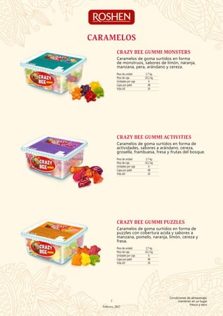 CARAMELOS
Peso de unidad 1,7 kg
Peso de caja 10,2 kg
Unidades por caja 6
Cajas por palet 48
Vida útil 24
CRAZY BEE GUMMI MONSTERS
Caramelos de goma surtidos en forma
de monstruos, sabores de limón, naranja,
manzana, pera, arándano y cereza.
Peso de unidad 1,7 kg
Peso de caja 10,2 kg
Unidades por caja 6
Cajas por palet 48
Vida útil 24
CRAZY BEE GUMMI ACTIVITIES
Caramelos de goma surtidos en forma de
actividades, sabores a arándano, cereza,
grosella, frambuesa, fresa y frutas del bosque.
Peso de unidad 1,7 kg
Peso de caja 10,2 kg
Unidades por caja 6
Cajas por palet 48
Vida útil 24
CRAZY BEE GUMMI PUZZLES
Caramelos de goma surtidos en forma de
puzzles con cobertura acida y sabores a
manzana, pomelo, naranja, limón, cereza y
fresa.
7
Febrero, 2017
Condiciones de almacenaje:
mantener en un lugar
fresco y seco
 