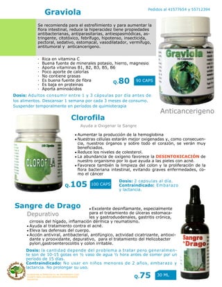 LA MEDICINA ALTERNATIVA ES UN TRATAMIENTO COAD-
YUVANTE PARA LOS PADECIMIENTOS ANTERIORMENTE
DESCRITOS
Pedidos al 41577654 y 55712394
Graviola
Q.80 90 CAPS
Clorofila
Ayuda a Oxigenar la Sangre
100 CAPS
Excelente desinflamante, especialmente
para el tratamiento de úlceras estomaca-
les y gastroduodenales, gastritis crónica,
cirrosis del hígado, inflamación dérmica y reumatismo.
Ayuda al tratamiento contra el acné.
Eleva las defensas del cuerpo.
Acción antiviral, antibacterial, antifúngico, actividad cicatrizante, antioxi-
dante y prooxidante, depurativo, para el tratamiento del Helicobacter
pylori,gastroenterocolitis y colon irritable.
Sangre de Drago
Q.75 30 ML
Anticancerigeno
Q.105
Depurativo
· Rica en vitamina C
· Buena fuente de minerales potasio, hierro, magnesio
· Aporta vitaminas B1, B2, B3, B5, B6
· Poco aporte de calorías
· No contiene grasas
· Es buena fuente de fibra
· Es baja en proteínas
· Aporta aminoácidos
Dosis: Adultos consumir entre 1 y 3 cápsulas por día antes de
los alimentos. Descansar 1 semana por cada 3 meses de consumo.
Suspender temporalmente en períodos de quimioterapia
Dosis: la cantidad depende del problema a tratar pero generalmen-
te son de 10-15 gotas en ½ vaso de agua ½ hora antes de comer por un
período de 15 días.
Contraindicado: No usar en niños menores de 2 años, embarazo y
lactancia. No prolongar su uso.
Aumentar la producción de la hemoglobina
Nuestras células estarán mejor oxigenadas y, como consecuen-
cia, nuestros órganos y sobre todo el corazón, se verán muy
beneficiados.
Reduce los niveles de colesterol.
La abundancia de oxígeno favorece la DESINTOXICACIÓN de
nuestro organismo por lo que ayuda a las pieles con acné.
Favorece también la limpieza del colon y la proliferación de la
flora bacteriana intestinal, evitando graves enfermedades, co-
mo el cáncer
Dosis: 2 capsulas al día.
Contraindicado: Embarazo
y lactancia.
Se recomienda para el estreñimiento y para aumentar la
flora intestinal, reduce la hiperacidez tiene propiedades
antibacterianas, antiparasitarias, antiespasmódicas, as-
tringente, citotóxico, febrífugo, hipotenso, insecticida,
pectoral, sedativo, estomacal, vasodilatador, vermífugo,
antitumoral y anticancerígeno.
 
