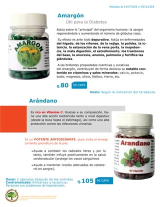 LA MEDICINA ALTERNATIVA ES UN TRATAMIENTO COAD-
YUVANTE PARA LOS PADECIMIENTOS ANTERIORMENTE
DESCRITOS
Pedidos al 41577654 y 55712394
Amargón
Actúa sobre lo “principal” del organismo humano: la sangre
regenerándola y aumentando el número de glóbulos rojos.
Su efecto es ante todo depurativo. Actúa en enfermedades
del hígado, de los riñones, de la vejiga, la palidez, la ic-
tericia, la estancación de la vena porta, la inapeten-
cia, la mala digestión, el estreñimiento, los trastornos
del baso, la anorexia, anemia, pulmonía y fortifica las
glándulas.
A las brillantes propiedades nutritivas y curativas
del Amargón, contribuyen de forma decisiva su notable con-
tenido en vitaminas y sales minerales: calcio, potasio,
sodio, magnesio, silicio, fósforo, hierro, etc.
Q.80 90 CAPS
Dosis: Según la indicación del terapeuta.
Arándano
Ayuda a combatir los radicales libres y por lo
tanto, también influye positivamente en la salud
cardiovascular (protege los vasos sanguíneos
Ayuda a mantener niveles adecuados de coleste-
rol en sangre).
Es rico en Vitamina C. Gracias a su composición, tie-
ne una alta acción bactericida tanto a nivel digestivo
(desde la boca hasta el estómago), así como una alta
protección contra las infecciones urinarias.
Es un POTENTE ANTIOXIDANTE, pues evita el enveje-
cimiento prematuro de la piel.
Q.105 90 CAPSDosis: 2 cápsulas después de las comidas.
Contraindicado: Embarazo y lactancia.
Personas con problemas de hipertensión.
Útil para la Diabetes
 