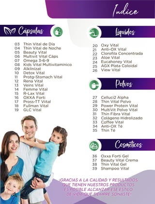 Indice
Cápsulas
Cosméticos
03
04
05
06
07
08
09
10
11
12
13
14
15
16
17
18
19
20
21
22
23
24
25
26
27
28
29
30
31
32
33
34
35
36
37
38
39
Líquidos
Polvos
¡GRACiAS A LA CALiDAD Y RESULTADOS
QUE TiENEN NUESTROS PRODUCTOS
ES POSiBLE ALCANZAR ESE ESTiLO
DE ViDA QUE SiEMPRE SOÑASTE!
Thin Vital de Día
Thin Vital de Noche
Beauty Vital
Multivit Vital Cáps
Omega 3-6-9
Kids Vital Multivitaminico
Alklinízat
Detox Vital
Protg-Stomach Vital
Rena Vital
Veins Vital
Femme Vital
R-Lax Vital
OXXA Forti
Pross-TT Viital
Fullman Vital
GLC Vital
Oxy Vital
Anti-OX Vital
Clorofila Concentrada
Aloe Vital
Eucahoney Vital
AGX Plata Coloidal
View Vital
Celluci2 Alpha
Thin Vital Polvo
Power Protein Vital
MultiVit Polvo Vital
Thin Fibra Vital
Colágeno Hidrolizado
Coffee Vital
Anti-OX Té
Thin Té
Oxxa Forti Gel
Beauty Vital Crema
Thin Vital Gel
Shampoo Vital
 