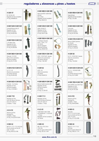 reguladores

4 GM 47

■

alavancas

■

4 GM 48D/4 GM 48E

pinos

■

hastes

4 GM 49D/4 GM 49E

D/C 40 (dir.) (D)
Regulador de freio (completo)
Nº Orig. 94648603/4

Monza (até 89) / Kadett (tds)
(dir/esq)
Sist. A. Teves
Regulador de freio (completo)
Nº Orig. 94626120

4 GM 52D/4 GM 52E

4 GM 53D/4 GM 53E

4 GM 54D/4 GM 54E

Chevette/Marajó (tds) (T)
Regulador de freio
(dir/esq) (completo)
Nº Orig. 94.604.393

Opala 79 (tds) (T)
Regulador de freio
(dir/esq) (completo)
Nº Orig. 94.613.260

Corsa (tds)
Regulador de freio
(dir/esq) (completo)
Nº Orig. 90.182.369

4 GM 56D/4 GM 56E

4 GM 57D/4 GM 57E

S 10/ Blazer (tds)
Regulador de freio
(dir/esq) (completo)
Nº Orig. 09.306.836

S 10/ Blazer/ Veraneio
A/C/D - 10/20 - C14
Sist. Bendix
Jogo de regulagem
automática (dir/esq)
Nº Orig. 94636753D

Monza/ Kadett/ Ipanema
Sist. Bendix
Regulador de freio
(dir/esq) (completo)
Nº Orig. 52.258.420

4 GM 58D/4 GM 58E

4 GM 59D/4 GM 59E

4 GM 60

Silverado / D 20 93/
Reg. de freio automático
(dir/esq) (completo)
Nº Orig. 93.215.594

A/C/D - 10/14/15/20 - Veraneio
Alavanca de acionamento
das sapatas (dir/esq)
Nº Orig. 7.362.585

A/ C/ D - 10/14/15/20 - Veraneio
Haste de acionamento
de sapatas
Nº Orig. 7.362.862

4 GM 61D/4 GM 61E

4 GM 62

4 GM 63D/4 GM 63E

A/ C/ D - 40
Alavanca de acionamento
das sapatas (dir/esq)
Nº Orig. 94.648.566

A/C/D - 40
Haste de acionamento
das sapatas
Nº Orig. 94.648.553

A/ C/ D - 10/20/40 93/96
Silverado
Sist. Bendix (dir/esq) (compl.)
Nº Orig. 93215596D

4 GM 66D/4 GM 66E

4 GM 68D/4 GM 68E

4 GM 70D/4 GM 70E

Chevette - Sist. Bendix
Regulador de freio
(dir/esq) (completo)
Nº Orig. 2.254.986 D

Monza/ Kadett/ Ipanema 88/
Regulador de freio
(dir/esq) (completo)
Sist. Bendix
Nº Orig. 52.258.420

Astra 95/96/ Corsa (tds)/ Tigra
Regulador de freio
(dir/esq) (completo)
Nº Orig. 90.182.369

4 GM 71D

4 GM 71 E

4 KI 41D

Regulador de freio
Astra 99/ Meriva/ Montana
Vectra 97/ Zafira 01
Completo / 1 Roda

Regulador de freio
Astra 99/ Meriva/ Montana/
Vectra 97/ Zafira 01
Completo / 1 Roda

Alavanca de freio
Sportage 95/...
Completo / 1 Roda
Nº Orig. 0K04526485

4 LG 43

4 MB 41

Alavanca de freio
Sportage 95/...
Completo / 1 Roda
Nº Orig. 7073229/7073030

F 600/7000/11000 74/89
ACD 60/80/VW 11.130 81/85
- 2 Rodas
Regulador de freio (completo)
Sist. Bendix

Mercedes
321/1111/13/1513 (tds)
Pino do cilindro de freio (T)
(emb. 10 unid.)
Nº Orig. 321.423.0388

4 MB 42

4 MB 43

4 MB 44

MB 321/ 1111/ 1113/ LPO (tds)
Pino do cilindro de freio (D)
(emb. 10 unid.)
Nº Orig. 000.423.0188

MB 1313/ 1513/ 2013/
1519/ 326
Pino da sapata (30mm) (D/T)
Nº Orig. 302.421.1047

MB 321/ 1111/ 1113/
LPO (tds)
Pino da sapata (30mm) (T)
Nº Orig. 346.421.1174

4 GM 55D/4 GM 55E

4 KI 41E

www.2mc.com.br

Opala (dir/esq)
Regulador de freio (completo)
Nº Orig. 7.323.306

15

 