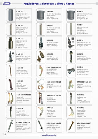 reguladores

■

alavancas

■

pinos

■

hastes

4 MB 45

4 MB 47

4 MB 48

MB 1313/ 1513/ 2013/
1519/ 326
Pino da sapata (36mm) (D/T)
Nº Orig. 302.421.0974

MB 1111/ 1113/ 321/ LPO (tds)
Pino da sapata (T)
(emb. 10 unid.)
Nº Orig. 312.423.1418

MB 1111/ 1113/ 321/ LPO (tds)
Pino da sapata (D)
(emb. 10 unid.)
Nº Orig. 321.429.1818

4 MB 49

4 MB 50

MB 1111/1113/321/LPO
Pino da sapata (T)
(emb. 10 unid.)
Nº Orig. 312.423.1318

MB 1111/ 1113 / 321/ LPO
Pino da sapata (T)
(emb. 10 unid.)
Nº Orig. 345.421.7074

MB 1313/ 1513/ 1519/
2013/ 362
Pino da sapata (T)
(emb. 10 unid.)
Nº Orig. 3874210074

4 MB 53

4 MB 54

MB 321/1111/1113 (tds)
Regulagor de freio (T)
Nº Orig. 344.4207038

MB 1313/ 1513/ 2013/ 2213
Regulador de freio (T) (curto)
Nº Orig. 322.423.0419

4 MB 55

4 MB 56

4 MB 57

MB 1113/ 1513/ 2013/ 2213
Regulador de freio (T) (longo)
Nº Orig. 302.423.0319

L 608 (tds)
Regulador de freio (D/T)
Nº Orig. 309.421.0019

MB 321/1111/1113
Regulador de freio (T) (sininho)
Nº Orig. 044.586.0442

4 MB 58

4 MB 59D/4 MB 59E

4 MB 60

4 MB 52
MB 1313/ 1513/ 1519/
2013/ 362
Pino da sapata (T)
(emb. 10 unid.)
Nº Orig. 302.423.0374

MB 608/708/709/912
Haste do Freio-de-mão
Nº Orig. 309.421.0214

4 MB 61
MB 1113
Alavanca de sapata
de freio (dir/esq)
Nº Orig. 338.420.0327

4 MB 65D/4 MB 65E
Sprinter (tds)
Jd. alavancas de acionamento
do patim do freio (dir/esq)
Sist. Bendix

4 MI 41E
Regulador de freio
L 200
Completo / 1 Roda
Nº Orig. 7008788732/733

4 RN 41D/4 RN 41E
Clio 90/96 - R19 92/96
Twingo 93/98
Regulador de freio (dir/esq) (T)
Sist. Lucas - Girling

16

4 MB 51

MB 608/708/709/912
Alavanca da sapata
de freio (dir/esq)
Nº Orig. 309.427.1125

MB 608/708/709/912
Kit de fixação da sapata
(emb. 10 unid.)
Nº. Orig. 309.421.0071

4 MB 62D/4 MB 62E

4 MB 63D/4 MB 63E

Sprinter (tds)
Jd. regul. automática (dir/esq)
Sist. Bendix

Sprinter (tds)
Regulador automático (dir/esq)
Sist. Bendix

4 MB 66D/4 MB 66E

4 MI 41D

MB 180 (tds)
Regulador de freio
(dir/esq) (completo)

Regulador de freio
L 200
Completo / 1 Roda
Nº Orig. 7008788732/733

4 MI 42D

4 MI 42E

Alavanca de freio
L 200 / L 300 (tds)
(exceto Sport)
Sist. Akebono
Completo / 1 Roda

Alavanca de freio
L 200/L 300 (tds)
(exceto Sport)
Sist. Akebono
Completo / 1 Roda

4 RN 42D/4 RN 42E

4 RN 43D/4 RN 43E

Scenic/ Mégane/ Laguna
Regulador de freio (dir/esq)
Sist. Lucas - Girling

R19 RT / Kangoo
Regulador de freio (dir/esq)
Sist. Bendix

www.2mc.com.br

 