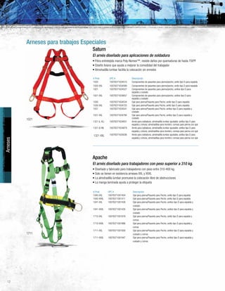 12
Arneses para trabajos Especiales
1021
1711
Arneses
Saturn
El arnés diseñado para aplicaciones de soldadura
• Fibra entretejida marca Poly-Nomex™, resiste daños por quemaduras de hasta 700ºF
• Diseño liviano que ayuda a mejorar la comodidad del trabajador
• Almohadilla lumbar facilita la colocación sin enredos
# Prod UPC # Descripción
1020 10078371634510 Componentes de pasantes para pierna/pecho; anillo tipo D para espalda
1020-XXL 10078371634589 Componentes de pasantes para pierna/pecho; anillo tipo D para espalda
1021 10078371634527 Componentes de pasantes para pierna/pecho; anillos tipo D para
espalda y costado
1021-XXL 10078371634657 Componentes de pasantes para pierna/pecho; anillos tipo D para
espalda y costado
1030 10078371634534 Ojal para pierna/Pasante para Pecho; anillo tipo D para espalda
1030-XXL 10078371634725 Ojal para pierna/Pasante para Pecho; anillo tipo D para espalda
1031 10078371634541 Ojal para pierna/Pasante para Pecho; anillos tipo D para espalda y
costado
1031-XXL 10078371634794 Ojal para pierna/Pasante para Pecho; anillos tipo D para espalda y
costado
1321 (L-XL) 10078371634831 Arnés para soldadura; almohadilla lumbar ajustable; anillos tipo D para
espalda y cintura; almohadillas para hombro; correas para pierna con ojal
1321 (S-M) 10078371634879 Arnés para soldadura; almohadilla lumbar ajustable; anillos tipo D para
espalda y cintura; almohadillas para hombro; correas para pierna con ojal
1321-XXL 10078371635036 Arnés para soldadura; almohadilla lumbar ajustable; anillos tipo D para
espalda y cintura; almohadillas para hombro; correas para pierna con ojal
Apache
El arnés diseñado para trabajadores con peso superior a 310 kg.
• Diseñado y fabricado para trabajadores con peso entre 310-400 kg.
• Solo se tienen en existencia arneses XXL y XXXL
• La almohadilla lumbar promueve la colocación libre de obstrucciones
• La manga laminada ayuda a proteger la etiqueta
# Prod UPC # Descripción
1040-XXL 10078371001404 Ojal para pierna/Pasante para Pecho; anillo tipo D para espalda
1040-XXXL 10078371001411 Ojal para pierna/Pasante para Pecho ;anillo tipo D para espalda
1041-XXL 10078371001428 Ojal para pierna/Pasante para Pecho; anillos tipo D para espalda y
costado
1041-XXXL 10078371001435 Ojal para pierna/Pasante para Pecho; anillos tipo D para espalda y
costado
1710-XXL 10078371001879 Ojal para pierna/Pasante para Pecho; anillo tipo D para espalda y
correa
1710-XXXL 10078371001886 Ojal para pierna/Pasante para Pecho; anillo tipo D para espalda y
correa
1711-XXL 10078371001930 Ojal para pierna/Pasante para Pecho; anillos tipo D para espalda y
costado y correa
1711-XXXL 10078371001947 Ojal para pierna/Pasante para Pecho; anillos tipo D para espalda y
costado y correa
 