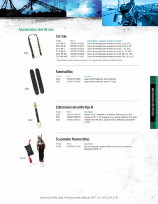 Servicio al Cliente sobre Protección contra caídas de 3M™ Tel: (51-1) 224-2728 15
Accesorios del Arnés
Correas
Prod # UPC # Descripción y Rango de Tamaño de Cintura*
2110-WB-S 10078371010505 Correa de reemplazo para arneses con correa; S; 35” a 47”
2110-WB-M 10078371010512 Correa de reemplazo para arneses con correa; M; 40” a 52”
2110-WB-L 10078371010529 Correa de reemplazo para arneses con correa; L; 45” a 57”
2110-WB-XL 10078371010536 Correa de reemplazo para arneses con correa; XL; 50” a 62”
2110-WB-XXL 10078371010543 Correa de reemplazo para arneses con correa; XXL; 55” a 67”
2110-WB-XXXL 10078371010553 Correa de reemplazo para arneses con correa; XXXL; 60" a 72"
* Todos los rangos de tamaño de cintura se reducirán de 2“ a 3” cuando la correa va unida a la almohadilla de la cintura.
AccesoriosdelArnés
5550
Suspension Trauma Strap
Prod # UPC # Description
R-100 10078371013148 Paso de rescate para ayudar a aliviar el trauma por la suspensión;
longitud general de 70”
Extensiones del anillo tipo D
Prod # UPC # Description
5550 10078371000742 Longitud de 18”; engancha en un extremo, anillo tipo D en el otro
5551 10078371000759 Longitud de 18”; 2-1/4” engancha en un extremo, anillo tipo D en el otro
5552 10078371008137 Extensión de anillo tipo D; lazo suave con 2 anillos tipo D para amarre
al 100%
Almohadillas
Prod # UPC # Description
2500 10078371010680 Juego de almohadilla para pierna; Universal
2501 10078371010697 Juego de almohadilla para pierna; XX Large
R-100
2500
2110
 