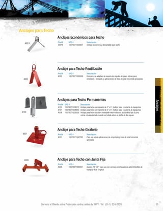 Servicio al Cliente sobre Protección contra caídas de 3M™ Tel: (51-1) 224-2728 23
Anclajes
Anclajes para Techo
Anclaje para Techo Reutilizable
Prod # UPC # Descripción
4000 10078371000506 De acero; se adapta a la mayoría de ángulos de paso; idóneo para
entablado y enrejado, y aplicaciones de línea de vida horizontal apropiadas
Anclajes para Techo Permanentes
Prod # UPC # Descripción
4100 10078371008212 Anclaje para techo permanente de 2” x 8’; incluye base y cubierta de tapajuntas
4101 10078371008953 Anclaje para techo permanente de 2” x 8’; incluye base y cubierta de tapajuntas
4008 10078371629530 Anclaje para techo de acero inoxidable retro-instalado; dos anillos tipo D para
unirse a cualquier lado cuando se instala sobre un techo de dos aguas.
Anclaje para Techo Giratorio
Prod # UPC # Descripción
4001 10078371642393 Para uso sobre aplicaciones de empotrado y línea de vida horizontal
aprobada
Anclajes Económicos para Techo
Prod # UPC # Descripción
4651X 10078371002807 Anclaje económico y descartable para techo
Anclaje para Techo con Junta Fija
Prod # UPC # Descripción
4009 10078371000551 Ajustes 24”-36”; para uso con correas amortiguadoras autorretráctiles de
hasta 50 ft de longitud
4000
4100
4001
4651X
4009
 