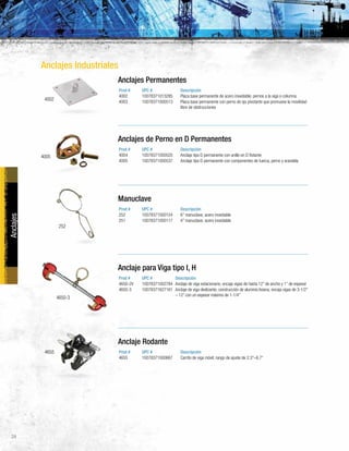 Anclajes Industriales
Anclajes de Perno en D Permanentes
Prod # UPC # Descripción
4004 10078371000520 Anclaje tipo D permanente con anillo en D flotante
4005 10078371000537 Anclaje tipo D permanente con componentes de tuerca, perno y arandela
Anclajes Permanentes
Prod # UPC # Descripción
4002 10078371013285 Placa base permanente de acero inoxidable; pernos a la viga o columna
4003 10078371000513 Placa base permanente con perno de ojo pivotante que promueve la movilidad
libre de obstrucciones
Anclajes
Manuclave
Prod # UPC # Descripción
252 10078371000124 6” manuclave; acero inoxidable
251 10078371000117 4” manuclave; acero inoxidable
Anclaje para Viga tipo I, H
Prod # UPC # Descripción
4650-2V 10078371002784 Anclaje de viga estacionario; encaja vigas de hasta 12” de ancho y 1” de espesor
4650-3 10078371627161 Anclaje de viga deslizante; construcción de aluminio liviana; encaja vigas de 3-1/2”
– 12” con un espesor máximo de 1-1/4”
Anclaje Rodante
Prod # UPC # Descripción
4655 10078371000667 Carrito de viga móvil; rango de ajuste de 2.3”–8.7”
4002
4005
252
4650-3
4655
24
 