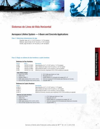 Servicio al Cliente sobre Protección contra caídas de 3M™ Tel: (51-1) 224-2728 27
SistemasdeLíneadeVida
Aerospace Lifeline System — I-Beam and Concrete Applications
Paso 1: Determinar dimensiones de viga
	 Pequeñas; vigas, de 4” a 13-3/4” de ancho y 1-1/4” de espesor
	 Medianas; vigas de hasta 18-3/4” de ancho y 2-1/8” de espesor
	 Grandes; vigas de hasta 31-3/4” de ancho y 3-3/8” de espesor
Sistemas de Línea de Vida Horizontal
Sistemas de Dos Hombres
Prod # UPC # Descripción
8100S 10078371010840 Vigas pequeñas; de 4” a 13-3/4” ancho y 1-1/4” de espesor
8100M 10078371010857 Vigas medianas de hasta 18-3/4” de ancho y 2-1/8” de espesor
8100L 10078371010864 Vigas grandes de hasta 31-3/4” de ancho y 3-3/8” de espesor
8100C 10078371011182 Sistema de Concreto; empotrados 8165 ó 8166 vendidos por separado
Cada sistema incluye:
2 - Poste 8130 ó 8150
2 - Grillete 8122
4 - Sujetador SWSW-11
4 - Varilla rápida estándar 8131 ó 8141 ó 8151
4 - Perno de brida roscado 8132 ó 8142 ó 8152
2 - 8134 Cable para tirante con 2 ojos
2 - Mosquetón 0210-07
1 - Quijada SWSW-04 y torniquete de la quijada 5/8” x 9”
4 - Tuerca de mariposa 8133 (8 Incluidos para Sistemas de Concreto)
1 - Casquillo SWHC-12
Sistemas de Cuatro Hombres
Prod # Descripción
8100S-4 Vigas pequeñas; de 4” a 13-3/4” ancho y 1-1/4” espesor
8100M-4 Vigas medianas de hasta 18-3/4” de ancho y 2-1/8” espesor
8100L-4 Vigas grandes de hasta 31-3/4” de ancho y 3-3/8” de espesor
8100C-4 Sistema de Concreto; accesorios para empotrado 8165 ó 8166 vendidos por separado
Sistemas de Cuatro Hombres:
2 - Poste 8130 ó 8150
2 - Grillete 8122
4 - Sujetador SWSW-11
4 - Varilla rápida estándar 8131 ó 8141 ó 8151
4 - Perno de brida roscado 8132 ó 8142 ó 8152
2 - 8134 Cable para tirante con 2 ojos
2 - Mosquetón 0210-07
1 - Quijada SWSW-04 y torniquete de la quijada 5/8” x 9”
4 - Tuerca de mariposa 8133 (8 Incluidos para Sistemas de Concreto)
1 - Casquillo SWHC-12
Paso 2: Elegir un sistema de dos hombres o cuatro hombres
 