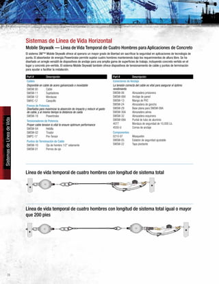 28
SistemasdeLíneadeVida
Mobile Skywalk — Línea de Vida Temporal de Cuatro Hombres para Aplicaciones de Concreto
El sistema 3M™ Mobile Skywalk ofrece al operario un mayor grado de libertad sin sacrificar la seguridad en aplicaciones de tecnología de
punta. El absorbedor de energía Powerbrake permite sujetar cuatro hombres manteniendo bajo los requerimientos de altura libre. Se ha
diseñado un arreglo versátil de dispositivos de anclaje para una amplia gama de superficies de trabajo, incluyendo concreto vertido en el
lugar y concreto pre-vertido. El sistema Mobile Skywald también ofrece dispositivos de tensionamiento de cable y puntos de terminación
para ayudar a facilitar la instalación.
Sistemas de Línea de Vida Horizontal
Línea de vida temporal de cuatro hombres con longitud de sistema total igual o mayor
que 200 pies
Línea de vida temporal de cuatro hombres con longitud de sistema total
Part # Descripción
Cables
Disponible en cable de acero galvanizado o inoxidable
SWSW 00 Cable
SWSW-11 Sujetadores
SWSW-12 Mordazas
SWHC-12 Casquillo
Frenos de Potencia
Diseñados para maximizar la absorción de impacto y reducir el gasto
de cable, y al mismo tiempo la distancia de caída
SWSW-18 Powerbrake
Tensionadores de Potencia
Proper cable tension is vital to ensure optimum performance
SWSW-04 Hebilla
SWSW-02 Tirador
SWPC-17 Pre-Tensor
Puntos de Terminación de Cable
SWSW-10 Ojo de hombro 1/2” solamente
SWSW-01 Pernos de ojo
Part # Descripción
Conectores de Anclaje
La tensión correcta del cable es vital para asegurar el óptimo
rendimiento
SWSW-06 Abrazadera prisionera
SWSW-06X Anclaje de pared
SWSW-13 Manga de PVC
SWSW-24 Abrazadera de gancho
SWSW-29 Base plana para SWSW-08A
SWSW-30A Abrazadera aérea
SWSW-32 Abrazadera esquinera
SWSW-08A Puntal de tubo de aluminio
4077 Mordaza de seguridad de 10,000 Lb.
4550-U Correa de anclaje
Componentes
0210-07 Mosquetón
SWSW-05 Eslabón de seguridad ajustable
SWSW-22 Tapa pivotante
 