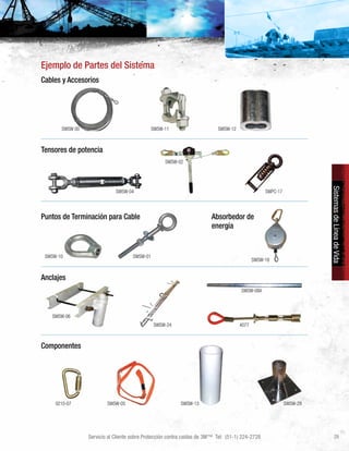 Servicio al Cliente sobre Protección contra caídas de 3M™ Tel: (51-1) 224-2728 29
Ejemplo de Partes del Sistema
SistemasdeLíneadeVida
Cables y Accesorios
SWSW 00 SWSW-11 SWSW-12
Puntos de Terminación para Cable
SWSW-10 SWSW-01
Anclajes
SWSW-06
SWSW-24 4077
SWSW-08A
Tensores de potencia
SWSW-04
SWSW-02
SWPC-17
Componentes
Absorbedor de
energía
SWSW-18
SWSW-29SWSW-050210-07 SWSW-13
 