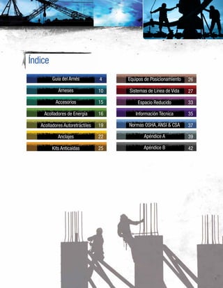 3
Índice
Guía del Arnés
Arneses
Accesorios
Acolladores de Energía
Acolladores Autoretráctiles
Anclajes
Kits Anticaídas
Equipos de Posicionamiento
Sistemas de Línea de Vida
Espacio Reducido
Información Técnica
Normas OSHA, ANSI & CSA
Apéndice A
Apéndice B
4
10
15
16
19
22
25
26
27
33
35
37
39
42
 