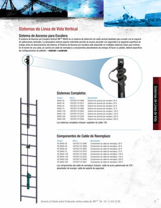 Servicio al Cliente sobre Protección contra caídas de 3M™ Tel: (51-1) 224-2728 31
SistemasdeLíneadeVida
Sistemas Completos
Prod # UPC # Descripción
M400-30 10078371012868 Sistema de ascenso por escalera; 30 ft.
M400-40 10078371012875 Sistema de ascenso por escalera; 40 ft.
M400-50 10078371012882 Sistema de ascenso por escalera; 50 ft.
M400-75 10078371012899 Sistema de ascenso por escalera; 75 ft.
M400-100 10078371012905 Sistema de ascenso por escalera; 100 ft.
M400-150 10078371012912 Sistema de ascenso por escalera; 150 ft.
M400-200 10078371012929 Sistema de ascenso por escalera; 200 ft.
M400-300 10078371012936 Sistema de ascenso por escalera; 300 ft.
Los sistemas completos incluyen: sujetador de cable 128
Sistemas de Línea de Vida Vertical
Sistema de Ascenso para Escalera
El sistema de Ascenso por Escalera Vertical 3M™ M400 es un sistema de detención de caída vertical diseñado para cumplir con la mayoría
de aplicaciones verticales. La abrazadera vertical superior extendida permite al usuario ascender con seguridad a la siguiente superficie de
trabajo antes de desconectarse del sistema. El Sistema de Ascenso por Escalera está disponible en múltiples sistemas, listos para ordenar.
En el evento de una caída, se cuenta con cable de reemplazo y componentes absorbedores de energía. Al hacer su pedido, deberá especificar
las configuraciones de peldaño – redondo o cuadrado.
Componentes de Cable de Reemplazo
Prod # UPC # Descripción
RC M400-30 10078371013889 Componente de cable de reemplazo; 30 ft.
RC M400-40 10078371013896 Componente de cable de reemplazo; 40 ft.
RC M400-50 10078371013902 Componente de cable de reemplazo; 50 ft.
RC M400-75 10078371013919 Componente de cable de reemplazo; 75 ft.
RC M400-100 10078371013926 Componente de cable de reemplazo; 100 ft.
RC M400-150 10078371013933 Componente de cable de reemplazo; 150 ft.
RC M400-200 10078371013940 Componente de cable de reemplazo; 200 ft.
RC M400-300 10078371013957 Componente de cable de reemplazo; 300 ft.
Los componentes del cable de reemplazo incluyen: cable de acero galvanizado de 3/8”;
absorbedor de energía; cable de soporte de seguridad
 
