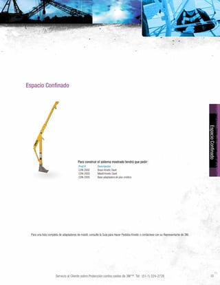 Servicio al Cliente sobre Protección contra caídas de 3M™ Tel: (51-1) 224-2728 33
EspacioConfinado
Espacio Confinado
Para una lista completa de adaptadores de mástil, consulte la Guía para Hacer Pedidos Kinetic o contáctese con su Representante de 3M.
Para construir el sistema mostrado tendrá que pedir:
Prod # Descripción
CON-2002 Brazo Kinetic Davit
CON-2003 Mástil Kinetic Davit
CON-2005 Base adaptadora de piso cinético
 