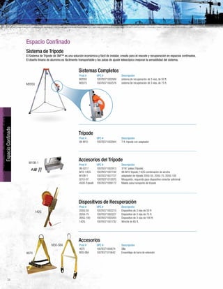 34
EspacioConfinado
Sistemas Completos
Prod # UPC # Descripción
M2050 10078371003569 sistema de recuperación de 3 vías, de 50 ft.
M2075 10078371003576 sistema de recuperación de 3 vías, de 75 ft.
Espacio Confinado
M2050
M10B-1
142G
4670
M30-SBA
Sistema de Trípode
El Sistema de Trípode de 3M™ es una solución económica y fácil de instalar, creada para el rescate y recuperación en espacios confinados.
El diseño liviano de aluminio es fácilmente transportable y las patas de ajuste telescópico mejoran la versatilidad del sistema.
Accesorios
Prod # UPC # Descripción
4670 10078371000674 Silla
M30-SBA 10078371010642 Ensamblaje de barra de extensión
Dispositivos de Recuperación
Prod # UPC # Descripción
205G-50 10078371002210 Dispositivo de 3 vías de 50 ft
205G-75 10078371002227 Dispositivo de 3 vías de 75 ft.
205G-100 10078371002203 Dispositivo de 3 vías de 100 ft.
142G 10078371001732 Winche de 65 ft.
Accesorios del Trípode
Prod # UPC # Descripción
99-0217 10078371002913 3/16” polea (Trípode)
M10-142G 10078371007192 99-M10 trípode; 142G combinación de winche
M10B-1 10078371627727 adaptador de trípode 205G-50, 205G-75, 205G-100
0210-07 10078371013070 Mosquetón, requerido para dispositivo conector adicional
4500-TripodA 10078371009172 Maleta para transporte de trípode
Trípode
Prod # UPC # Descripción
99-M10 10078371002944 7 ft. trípode con adaptador
 
