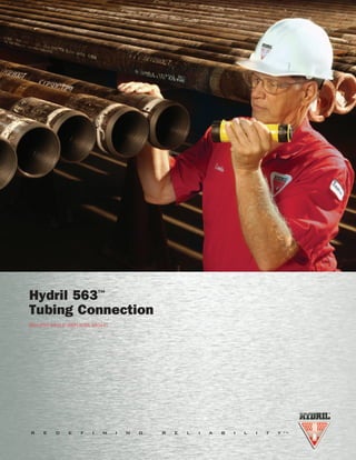 R E D E F I N I N G R E L I A B I L I T Y T M
Hydril 563™
Tubing Connection
BULLETIN 9401-D (REPLACES 9401-C)
Hydril 563™
Tubing Torque Values
HYDRIL HYDRIL INTERNATIONAL TUBULAR SALES
Houston, Texas Aberdeen, Scotland
Telephone: 281.985.3412 Telephone: +44.1224.299.554
Fax: 281.985.3376 Fax: +44.1224.299.578
E-mail: tubularsales@hydril.com www.hydril.com E-mail: hits@hydril.com
The minimum, field target, and buck-on torque values apply to all grades and alloys of steel.
Recommended torque values for CB and non-CB products are the same.
An appropriate safety factor should be applied to these yield torque values.
Size & Weight Mini-
mum
Buck-
On
J-55/
K-55
T-95 Q-125
Inches Lbs/Ft Inches Ft-Lbs Ft-Lbs Ft-Lbs Ft-Lbs Ft-Lbs Ft-Lbs
C-110/
P-110
Ft-Lbs
Size & Weight
J-55/
K-55
L-80/
N-80
T-95 Q-125
Inches Lbs/Ft Inches Ft-Lbs Ft-Lbs Ft-Lbs Ft-Lbs Ft-Lbs Ft-Lbs Ft-Lbs
C-110/
P-110
Ft-Lbs
Yield Torque Make Up Torque Yield Torque
Wall
Mini-
mum
Buck-
On
Field
Target
Make Up Torque
L-80/
N-80
Ft-Lbs
Field
Target
Wall
2.375 4.60 0.190 1300 1500 2400 2800 3600 4300 4900 5600
2.375 5.10 0.218 1500 1700 2700 3600 4300 4900 5600
2.375 5.80 0.254 1700 2000 3100 3600 4300 4900 5600
2.375 6.60 0.295 1900 2200 3500 3600 4300 4900 5600
2.375 7.35 0.336 2200 2500 3600 3600 4300 4900 5600
2.875 6.40 0.217 1600 1800 2900 3900 5300 6100 6900 7800
2.875 7.80 0.276 2000 2300 3600 5300 6100 6900 7800
2.875 8.60 0.308 2100 2400 3800 5300 6100 6900 7800
2.875 9.35 0.340 3500 4000 6400 8800 10000 11300 12800
2.875 10.50 0.392 4000 4600 7300 8800 10000 11300 12800
2.875 11.50 0.440 4500 5200 8200 8800 10000 11300 12800
3.500 9.20 0.254 2400 2800 4400 5900 8000 9200 10400 11800
3.500 10.20 0.289 2700 3100 4900 8000 9200 10400 11800
3.500 12.70 0.375 3300 3800 6000 8000 9200 10400 11800
3.500 14.30 0.430 6000 6900 10900 14500 16400 18400 21000
3.500 15.50 0.476 6600 7600 12000 14500 16400 18400 21000
3.500 16.70 0.510 7000 8100 12700 14500 16400 18400 21000
3.500 17.00 0.530 7400 8500 13500 14500 16400 18400 21000
4.000 11.00 0.262 2800 3200 5100 7500 10200 11800 13400 15200
4.000 11.60 0.286 3100 3600 5600 7500 10200 11800 13400 15200
4.000 13.20 0.330 3400 3900 6200 10200 11800 13400 15200
4.000 14.80 0.380 5500 6300 10000 16600 19100 21600 25000
4.000 16.10 0.415 6000 6900 10900 16600 19100 21600 25000
4.000 18.90 0.500 9100 10500 16600 23300 27000 30000 34000
4.000 21.10 0.562 10300 11800 18700 23300 27000 30000 34000
4.000 22.20 0.610 11300 13000 21000 23300 27000 30000 34000
4.500 11.60 0.250 3000 3500 5500 9200 12600 14600 16600 18900
4.500 12.60 0.271 3200 3700 5800 7700 12600 14600 16600 18900
4.500 13.50 0.290 3500 4000 6400 12600 14600 16600 18900
4.500 15.20 0.337 5100 5900 9300 19900 23000 26000 30000
4.500 17.00 0.380 5800 6700 10600 19900 23000 26000 30000
4.500 18.90 0.430 6600 7600 12000 19900 23000 26000 30000
4.500 21.50 0.500 10200 11700 18600 29000 33000 37000 42000
4.500 23.70 0.560 11500 13200 21000 29000 33000 37000 42000
4.500 26.10 0.630 13000 15000 24000 29000 33000 37000 42000
5.000 15.00 0.296 5500 6300 10000 12700 18400 21900 25000 28000
5.000 18.00 0.362 6500 7500 11800 18400 21900 25000 28000
5.000 21.40 0.437 13900 16000 25000 31000 37000 43000 49000
5.000 23.20 0.478 14500 16700 26000 31000 37000 43000 49000
5.000 24.10 0.500 15000 17300 27000 31000 37000 43000 49000
5.500 15.50 0.275 5200 6000 9500 15400 22400 27000 31000 35000
5.500 17.00 0.304 5800 6700 10600 15400 22400 27000 31000 35000
5.500 20.00 0.361 6600 7600 12000 22400 27000 31000 35000
5.500 23.00 0.415 7700 8900 14000 22400 27000 31000 35000
5.500 26.00 0.476 11000 12700 20000 27000 32000 37000 42000
5.500 26.80 0.500 12000 13800 22000 27000 32000 37000 42000
5.500 28.40 0.530 12500 14400 23000 27000 32000 37000 42000
5.500 29.70 0.562 16100 18500 29000 35000 41000 48000 55000
5.500 32.60 0.625 17600 20000 32000 35000 41000 48000 55000
6.625 24.00 0.352 7500 8600 13700 25000 37000 43000 50000 57000
6.625 28.00 0.417 8600 9900 15700 37000 43000 50000 57000
6.625 32.00 0.475 9900 11400 18000 37000 43000 50000 57000
7.000 23.00 0.317 6700 7700 12200 27000 39000 47000 54000 61000
7.000 26.00 0.362 7800 9000 14200 27000 39000 47000 54000 61000
7.000 29.00 0.408 8400 9700 15300 39000 47000 54000 61000
7.000 32.00 0.453 9500 10900 17300 39000 47000 54000 61000
7.000 35.00 0.498 14800 17000 27000 55000 65000 75000 85000
7.000 38.00 0.540 16200 18600 29000 55000 65000 75000 85000
7.000 41.00 0.590 17300 19900 31000 55000 65000 75000 85000
7.000 42.70 0.625 18700 22000 34000 55000 65000 75000 85000
First Digit Second Digit: Configuration and Pipe Ends Third Digit: Sealing System
0 - integral connection on external upset pipe
1 - integral connection on non-upset pipe w/pipe body OD box 1 - wedge thread and lubricant seal
2 - integral connection on non-upset pipe w/swaged OD box
3 - integral connection on internal/external upset pipe 3 - metal seal plus wedge thread and lubricant seal
5 - integral connection on non-upset pin end and internal/external upset box end pipe
6 - coupled connection on non-upset pipe
7 - integral connection on non-upset pin end and external upset box end pipe
Hydril Wedge Thread™
Identification
5
 