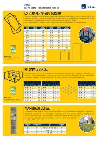 GERDAU
LINHA POP GERDAU FERRAGENS PRONTAS PARA O USO-
Feito com vergalhão CA-60 nervurado Gerdau, que proporciona maior aderência do aço com o concreto, está
disponível na bitola 4,2 mm e padronizado em formatos quadrados e retangulares. Simples de usar, já vem
pronto e possui medidas exatas, reduzindo o tempo de armação das vigas e colunas.
Use o estribo nervurado Gerdau, prático e econômico, feito na medida certa da sua necessidade.
* Dimensões especiais sob consulta.
a
b
a
aAPLICAÇÕES:
Colunas, Vigas, Baldrames,
Vergas, Muros, etc.
Dimensões Bitolas (mm) Peso para
a x a (cm) Aço CA-60 100 estribos (kg)
Dimensões Bitolas (mm) Peso para
a x a (cm) Aço CA-60 100 estribos (kg)
7 x 12
7 x 14
7 x 17
7 x 20
7 x 22
7 x 25
7 x 27
9 x 15
9 x 20
10 x 15
10 x 20
10 x 25
12 x 12
4,2
4,2
4,2
4,2
4,2
4,2
4,2
4,2
4,2
4,2
4,2
4,2
4,2
4,80
5,23
5,90
6,54
7,00
7,63
8,00
6,32
7,41
6,54
7,20
8,30
6,32
12 x 17
12 x 22
12 x 27
15 x 15
15 x 20
15 x 25
17 x 17
17 x 27
4,2
4,2
4,2
4,2
4,2
4,2
4,2
4,2
7,00
8,00
9,11
7,20
8,30
9,40
8,00
10,20
O Kit Sapata é um conjunto de armaduras confeccionadas com vergalhão GG 50, disponível nas bitolas 8 mm
ou 10 mm, com dimensões exatas, pronto para ser montado. Você economiza tempo e dinheiro, preparando a
fundação de pequenas e médias construções com rapidez, segurança e qualidade diferenciada.
40 X 40 20 6 3,19
40 X 40 30 6 3,67
50 X 50 20 6 3,67
50 X 50 30 6 4,14
60 X 60 30 8 6,15
60 X 60 40 8 6,78
Dimensão
(cm)
Sapatas com armadura de 8 mm
Altura
(cm)
Nº
Estribos
Peso
(kg/Peça)
40 X 40 20 6 5,12
40 X 40 30 6 5,86
50 X 50 20 6 5,71
50 X 50 20 8 7,79
50 X 50 30 6 6,59
50 X 50 30 8 8,73
Dimensão
(cm)
Sapatas com armadura de 10 mm
Altura
(cm)
Nº
Estribos
Peso
(kg/Peça)
50 X 50 40 6 7,33
60 X 60 20 6 6,45
60 X 60 20 8 8,79
60 X 60 30 8 9,78
60 X 60 40 8 10,76
Dimensão
(cm)
Sapatas com armadura de 10 mm
Altura
(cm)
Nº
Estribos
Peso
(kg/Peça)
APLICAÇÕES:
Fundação de casas térreas,
sobrados e pequenos galpões.
O Alambrado Gerdau preserva o visual e coloca mais leveza na área a ser delimitada, sem dispensar a segurança e a
durabilidade. Versátil, é ideal para aplicação em residências, condomínios, rodovias, indústrias, shopping centers,
escolas, áreas de segurança e estacionamentos. Fabricado com arames de tripla camada de
de galvanização, o Alambrado Gerdau está disponível em rolos de 25 m, com altura de
1 m, 1,20 m, 1,50 m, 1,80 m e 2 m.
2,5 1,215 x 5 1,0 - 1,20 - 1,50 - 1,80 - 2,00
2,7 1,415 x 5 1,0 - 1,50 - 1,80 - 2,00
3,0 1,715 x 5 1,50 - 2,00
Espaçamento entre os fiosDiâmetro dos fios
(cm)(mm)
Altura
(m)
Peso aproximado
(kg/m²)
ALAMBRADO GERDAU
 