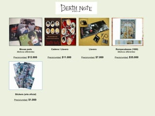 Mouse pads Motivos diferentes  Precio/unidad:   $12.000  Cadena / Llavero Precio/unidad:   $11.000  Llavero Precio/unidad:   $7.000  Rompecabezas (1000) Motivos diferentes  Precio/unidad:   $35.000  Stickers   (arte oficial) Precio/unidad:   $1.000  