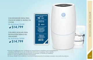 YEARS FREE TECNOLOGÍA DEL HOGAR
                                                      GARANTÍA DE SATISFACCIÓN
                                                              TOTAL DE

    Con desviador: ideal para                             90      Días1
    colocar sobre el mueble de                              GARANTÍA DE
    cocina                                                  servicio por


    No. de Artículo: 100188                                 2    años2

        $14,799                                           líder de ventas
                                                            en sistemas
                                                          de purificación
                                                           de agua para
                                                             cocinas3
    Con grifo auxiliar: para
    instalación debajo del                                   premio a la
    fregadero                                                 compañía
                                                           de purificación
                                                               de agua4
    No. de Artículo: 100189
                                                           2010
        $14,799

1
 Garantía de satisfacción total, Certificado por Natural Science Foundation International bajo los
   estándares NSF/ANSI 42, 43 y 55. Certificación Sello de Oro otorgada por Water Quality.
2
  A partir de la fecha de compra bajo uso normal y exceptuando el cartucho de reemplazo.
3
  Basado en ventas de 2008, Euromonitor Internacional.
  En Asia por Pacific Frost & Sullivan. A través de la implementación de tecnología avanzada e innovación de productos.   135
4
 