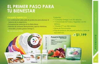 El primer paso para
TU BIENESTAR




                                                                                                                       NUTRICIÓN
PAQUETE PERFECTO                                           Contenido:
• La combinación adecuada de productos para alcanzar el   • 1 Complejo Omega 3 con 30 cápsulas.
  balance de tu organismo.                                • 1 Concentrado de Frutas y Vegetales con 60
• Compensa las carencias en tu dieta diaria.                tabletas.
• Además de contener fitonutrientes, aporta vitaminas,    • 1 Double X™ con 186 tabletas.
  minerales y ácidos grasos Omega 3.                      • Gama de fitonutrientes.
No. de Artículo: 9925                                     • Hoja de producto del paquete perfecto y tabla de
                                                            equivalencias.
                                                                                                 $1,199




                                                                    Este producto no es un medicamento, haz deporte.   53
                                                                                                                       131
 