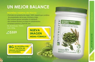 Un mejor balance
Proteína Vegetal en Polvo




                                                            NUTRICIÓN
• Fórmula con proteína de origen 100% vegetal que combina
  las propiedades de la soya, chícharo y trigo.
• No contiene grasas saturadas ni colesterol.
• No contiene lactosa y es baja en carbohidratos.
• Empaque práctico y fácil de usar.
No. de Artículo: 110415
Cont. 450g.
                                            NUEVA
     $359                                   IMAGEN
                                            MISMA FÓRMULA



   8G porción sin por
      de proteína

   grasas saturadas
   ni colesterol

Este producto no es un medicamento, haz deporte.
                                                            59
                                                            131
 