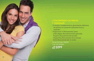 Concentrado de Frutas
     y Vegetales
     • Te ayuda a complementar la alimentación deficiente
        de quienes no consumen suficientes frutas y
        vegetales.
     • Proporciona 13 fitonutrientes como:
       ácido elágico (fitonutriente de la granada),
       licopeno (fitonutriente del tomate),
       Hesperidina (fitonutriente de la naranja),
       EGCG (fitonutriente del té verde).
     No. de Artículo: 102992
     Cont. 60 tabletas

         $299

                     Este producto no es un medicamento, haz deporte.
70
 