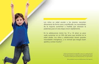 Los niños en edad escolar y los jóvenes necesitan
     alimentarse de forma sana y equilibrada. Las necesidades
     de la mayoría aumentan a medida que alcanzan la
     pubertad, pues en esta etapa crecen rápidamente.

     En la adolescencia (entre los 10 y 18 años) su peso
     suele aumentar en un 50% del peso que tendrán en la
     edad adulta. Los niños y adolescentes tienen grandes
     necesidades energéticas, y es normal que tengan buen
     apetito y coman mucho.*




                              * Guía de Nutrición de la familia, tema 8: La alimnetación
                              de los niños y jóvenes en edad escolar. Organización de las
                                 Naciones Unidas para la Alimentación y la Agricultura.

                                      Este producto no es un medicamento, haz deporte.
86
 