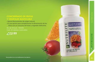 NUTRICIÓN
 Concentrado de Frutas
 y Vegetales Masticable
 • Aporta fitonutrientes de origen natural.
 • Es una opción para complementar la alimentación de los
    niños con un consumo de frutas y vegetales deficiente.
 No. de Artículo: 100346
 Cont. 60 tabletas masticables

        $199




Este producto no es un medicamento, haz deporte.
                                                             89
                                                             131
 