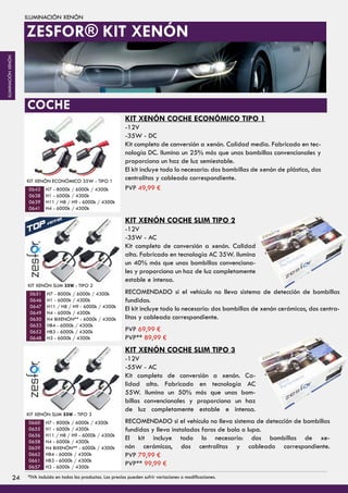 ILUMINACIÓN XENÓN
H7 - 8000k / 6000k / 4300k
H1 - 6000k / 4300k
H11 / H8 / H9 - 6000k / 4300k
H4 - 6000k / 4300k
FOCO LED
H3 - 6000k / 4300k
40 Watios
Sujección para focos
y torretas PVP 8,99 €
IMANES
0643
0638
0639
0641
PVP 84,99 €
0487
0489
1009
PVP 54,99 €
KIT XENÓN SLIM 35W - TIPO 2
H7 - 8000k / 6000k / 4300k
H1 - 6000k / 4300k
H11 / H8 / H9 - 6000k / 4300k
H4 - 6000k / 4300k
H4 BIXENÓN** - 6000k / 4300k
HB4 - 6000k / 4300k
HB3 - 6000k / 4300k
H3 - 6000k / 4300k
0651
0646
0647
0649
0650
0653
0652
0648
FOCO LED
H3 - 6000k / 4300k
40 Watios PVP 84,99 €
0487
0489
PVP 54,99 €
KIT XENÓN SLIM 55W - TIPO 3
H7 - 8000k / 6000k / 4300k
H1 - 6000k / 4300k
H11 / H8 / H9 - 6000k / 4300k
H4 - 6000k / 4300k
H4 BIXENÓN** - 6000k / 4300k
HB4 - 6000k / 4300k
HB3 - 6000k / 4300k
H3 - 6000k / 4300k
0660
0655
0656
0658
0659
0662
0661
0657
ZESFOR® KIT XENÓN
KIT XENÓN COCHE ECONÓMICO TIPO 1
-12V
-35W - DC
Kit completo de conversión a xenón. Calidad media. Fabricado en tec-
nología DC. Ilumina un 25% más que unas bombillas convencionales y
proporciona un haz de luz semiestable.
El kit incluye todo lo necesario: dos bombillas de xenón de plástico, dos
centralitas y cableado correspondiente.
KIT XENÓN COCHE SLIM TIPO 2
-12V
-35W - AC
Kit completo de conversión a xenón. Calidad
alta. Fabricado en tecnología AC 35W. Ilumina
un 40% más que unas bombillas convenciona-
les y proporciona un haz de luz completamente
estable e intensa.
KIT XENÓN COCHE SLIM TIPO 3
-12V
-55W - AC
Kit completo de conversión a xenón. Ca-
lidad alta. Fabricado en tecnología AC
55W. Ilumina un 50% más que unas bom-
billas convencionales y proporciona un haz
de luz completamente estable e intensa.
COCHE
RECOMENDADO si el vehículo no lleva sistema de detección de bombillas
fundidas.
El kit incluye todo lo necesario: dos bombillas de xenón cerámicas, dos centra-
litas y cableado correspondiente.
RECOMENDADO si el vehículo no lleva sistema de detección de bombillas
fundidas y lleva instalados faros de bola o lupa.
El kit incluye todo lo necesario: dos bombillas de xe-
nón cerámicas, dos centralitas y cableado correspondiente.
KIT XENÓN ECONÓMICO 35W - TIPO 1
PVP 49,99 €
PVP 69,99 €
PVP** 89,99 €
PVP 79,99 €
PVP** 99,99 €
2424 *IVA incluido en todos los productos. Los precios pueden sufrir variaciones o modificaciones.
ILUMINACIÓNXENÓN
 
