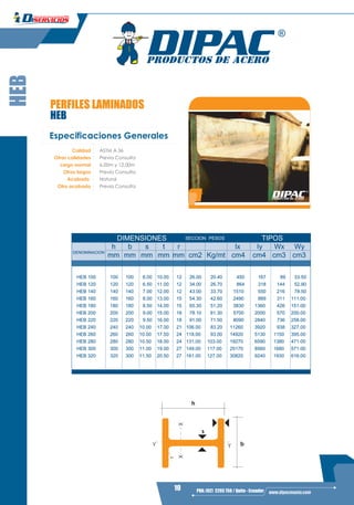 10 PBX: (02) 2293 750 / Quito - Ecuador www.dipacmanta.com
PERFILES LAMINADOS
HEB
HEB
Especificaciones Generales
Calidad ASTM A 36
Otras calidades Previa Consulta
Largo normal 6,00m y 12,00m
Otros largos Previa Consulta
Acabado Natural
Otro acabado Previa Consulta
DIMENSIONES SECCION PESOS TIPOS
DENOMINACIONDENOMINACION
hh bb ss tt rr IxIx IyIy WxWx WyWy
mmmm mmmm mmmm mmmm mmmm cm2cm2 Kg/mtKg/mt cm4cm4 cm4cm4 cm3cm3 cm3cm3
HEB 100HEB 100 100100 100100 6.006.00 10.0010.00 1212 26.0026.00 20.4020.40 450450 167167 8989 33.5033.50
HEB 120HEB 120 120120 120120 6.506.50 11.0011.00 1212 34.0034.00 26.7026.70 864864 318318 144144 52.9052.90
HEB 140HEB 140 140140 140140 7.007.00 12.0012.00 1212 43.0043.00 33.7033.70 15101510 550550 216216 78.5078.50
HEB 160HEB 160 160160 160160 8.008.00 13.0013.00 1515 54.3054.30 42.6042.60 24902490 889889 311311 111.00111.00
HEB 180HEB 180 180180 180180 8.508.50 14.0014.00 1515 65.3065.30 51.2051.20 38303830 13601360 426426 151.00151.00
HEB 200HEB 200 200200 200200 9.009.00 15.0015.00 1818 78.1078.10 61.3061.30 57005700 20002000 570570 200.00200.00
HEB 220HEB 220 220220 220220 9.509.50 16.0016.00 1818 91.0091.00 71.5071.50 80908090 28402840 736736 258.00258.00
HEB 240HEB 240 240240 240240 10.0010.00 17.0017.00 2121 106.00106.00 83.2083.20 1126011260 39203920 938938 327.00327.00
HEB 260HEB 260 260260 260260 10.0010.00 17.5017.50 2424 118.00118.00 93.0093.00 1492014920 51305130 11501150 395.00395.00
HEB 280HEB 280 280280 280280 10.5010.50 18.0018.00 2424 131.00131.00 103.00103.00 1927019270 65906590 13801380 471.00471.00
HEB 300HEB 300 300300 300300 11.0011.00 19.0019.00 2727 149.00149.00 117.00117.00 2517025170 85608560 16801680 571.00571.00
HEB 320HEB 320 320320 300300 11.5011.50 20.5020.50 2727 161.00161.00 127.00127.00 3082030820 92409240 19301930 616.00616.00
h
b
s
r
Y Y
XX
 