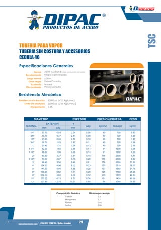3
29PBX: (02) 2293 750 / Quito - Ecuadorwww.dipacmanta.com
TSC
TUBERIA PARA VAPOR
TUBERIA SIN COSTURA Y ACCESORIOS
CEDULA 40
Especificaciones Generales
Norma ASTM A 53 GR B para conducción de fluidos
Recubrimiento Negro o galvanizado
Largo normal 6,00 m.
Otros largos Previa Consulta
Acabado Natural
Otro acabado Previa Consulta
Resistencia Mecánica
Resistencia a la tracción 60000 psi ( 42,2 Kg F/mm2)
Límite de elasticida 35000 psi ( 24,6 Kg F/mm2 )
Alargamiento 0.5%
DIAMETRO ESPESOR PRESION/PRUEBA PESO
NOMINAL
EXTERIOR e
mm pulg mm
pulg kg/cm2 Ib/pulg2 kg/mt
1/4" 13.70 0.54 2.24 0.08 49 700 0.63
3/8" 17.10 0.37 2.81 0.09 49 700 0.85
1/2" 21.30 0.84 2.77 0.10 49 700 1.27
3/4" 26.70 1.05 2.87 0.11 49 700 1.68
1" 33.40 1.31 3.38 0.13 49 700 2.50
1 1/4" 42.20 1.66 3.56 0.14 91 1300 3.38
1 1/2" 48.30 1.90 3.68 0.14 91 1300 4.05
2" 60.30 2.37 3.91 0.15 176 2500 5.44
2 1/2" 73.00 2.87 5.16 0.20 176 2500 8.62
3" 88.90 3.50 5.49 0.21 176 2500 11.29
4" 114.30 4.50 6.02 0.23 155 2210 16.07
5" 141.30 5.56 6.55 0.25 137 1950 21.78
6" 168.30 6.62 7.11 0.28 125 1780 28.26
8" 219.10 8.62 8.18 0.32 110 1570 42.53
10" 273.00 10.75 9.27 0.36 101 1430 60.29
12" 323.80 12.75 10.31 0.40 94 1340 79.65
Composición Química
Carbón
Manganeso
Fósforo
Azufre
Máximo porcentaje
0.3
1.2
0.05
0.06
 