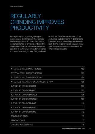 101Sandvik Top Hammer Rock Drilling Tools
INTEGRAL STEEL GRINDER RG100E 102
INTEGRAL STEEL GRINDER RG100H 103
INTEGRAL STEEL GRINDER RG100P 104
INTEGRAL STEEL AND CROSS GRINDER RG140P 105
BUTTON BIT GRINDER RG400 106
BUTTON BIT GRINDER RG410 107
BUTTON BIT GRINDER RG420E 108
BUTTON BIT GRINDER RG420H 109
BUTTON BIT GRINDER RG440 110
BUTTON BIT GRINDER RG460 111
BUTTON BIT GRINDER RG470 112
GRINDING WHEELS 113
GRINDING CUPS 115
GRINDING ACCESSORIES 116
REGULARLY
GRINDING IMPROVES
PRODUCTIVITY
GRINDING EQUIPMENT
By regrinding your drills regularly, you
can increase the length of their service
life between 5 and 10 times. We offer a
complete range of grinders and grinding
accessories, from small manual pneumatic
grinders to stationary semi-automatic ones
for the economical grinding of large volumes
of drill bits. Careful maintenance of the
­cemented carbide inserts in drilling tools
improves almost all drilling parameters in
rock drilling. In other words, you can make
sure that you are always able to work as
­efficiently as possible.
 