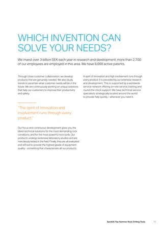 11Sandvik Top Hammer Rock Drilling Tools
Through close customer collaboration, we develop
­products that are genuinely needed. We also study
trends to ascertain what customer needs will be in the
future. We are continuously working on unique solutions
that help our customers to improve their productivity
and safety.
WHICH INVENTION CAN
SOLVE YOUR NEEDS?
Our focus and continuous development gives you the
latest technical solutions for the most demanding rock
conditions, and for the most powerful rock tools. Our
products undergo extensive laboratory studies and are
mercilessly tested in the field. Finally, they are all evaluated
and refined to provide the highest grade of equipment
quality - something that characterizes all our products.
“The spirit of innovation and
involvement runs through every
product.”
We invest over 3 billion SEK each year in research and development: more than 2,700
of our employees are employed in this area. We have 8,000 active patents.
A spirit of innovation and high involvement runs through
every product. It is preceded by our extensive research
and development. This is supported by a worldwide
­service network offering on-site service, training and
round-the-clock support. We have technical service
specialists strategically located around the world
to provide help quickly – whenever you need it.
 