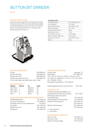 110 Sandvik Top Hammer Rock Drilling Tools
BUTTON BIT GRINDER
RG440
GRINDING APPLICATIONS
Stationary electrical grinder for workshops. Intended
for all top hammer (TH) button bits. Bit holder suitable
for Bits with diameters of up to Ø 102 mm: TH button
bits (normal skirt) up to Ø 152 mm, TH button bits
(retrac skirt) up to Ø 102 mm.
PART. NO FOR MACHINES
Grinder796-6000-XX*
Grinder with pump 796-6050-XX*
Grinder with cover 796-6005-XX*
Grinder with pump and cover 796-6055-XX*
*For two last digits, see table below, under “Code”
VOLTAGE/PHASE ALT.
Voltage	Phases	Hz	 Code
220 – 240 V	 1	 50/60 Hz	 50
380 – 420 V	 3	 50/60 Hz	 52
220 – 240 V	 3	 50/60 Hz	 59
440 V	 3	 60 Hz	 63
ACCESSORIES (INCLUDED IN MACHINE DELIVERY)
T38/R38 Bit Mandrel 797-5348-38
O-ring for Grinding cup 797-5888-24
Assembly tools for O-ring replacement 797-5452
Lock plate 797-5502-39
Spindle tool 9 mm 797-5464-07
Grease gun 797-5870-20
ACCESSORIES (OPTIONAL)
Grinding cups see page 113
Bit Mandrels 797-5348-XX**
**23 = R23, 25 = R25, 28 = R28, 32 = R32, 33 = R33,
35 = R35, 38 = R28/T38, 45 = T45, 51 = T51, 58 = ST58,
60 = GT60, 68 = ST68
Example: Bit mandrel R32 = 797-5348-32
Grinding gauge for button up to Ø 16 mm	 795-1396
SPARE PART KITS
Complete Grinding head (8000 r.p.m.)
including flushing head non-lubrication 797-5140/1
All bearings, seals and screws
for grinding head 797-5463-05
Outer Spindle (for flushing head) 797-5464-02
Small kit for flushing head 797-5464-441
797-5464-452
Big kit for flushing head 797-5464-591
797-5464-602
1 = Non lubrication
2 = Lubrication
RECOMMENDED LUBRICANTS
Gear oil, 1 litre 797-5870-15
Air tool oil, 1 litre 797-5870-90
Grease, 0.42 kg cartridge 797-5773-22
TECHNICAL DATA
Air Supply pressure Max 10 bar/min 6 bar
Air consumption 0.5 – 3 l/sec
Water Supply pressure Max 8 bar/min 3 bar
Water consumption 0.2 –1 l/min
Coolant/flushing medium Water
Rated power (motor) 1.5 kW
Air connection, air hose 9.5 mm (3/8)
Water connection, water hose 9.5 mm (3/8)
Dimensions: H × W × D 750 × 670 × 795 mm
Weight 95 kg
 