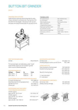 112 Sandvik Top Hammer Rock Drilling Tools
BUTTON BIT GRINDER
RG470
GRINDING APPLICATIONS
Highly efficient stationary electrical grinder for work-
shops. Intended for all button bits. Top Hammer (TH)
bits Ø 28 mm (bit length  65 mm) up to Ø 152 mm,
and down the hole (DTH) bits Ø 90 mm up to Ø 270 mm.
PART. NO FOR MACHINES
Grinder796-6700-XX*
*For two last digits, see table below, under “Code”.
Note! Drill Bit suppot are not included in grinder.
Parts must be ordered separately.
VOLTAGE/PHASE ALT.
Voltage	Phases	Hz	 Code
380 – 420 V	 3	 50/60 Hz	 52
220 – 240 V	 3	 50/60 Hz	 59
ACCESSORIES (INCLUDED IN MACHINE DELIVERY)
O-ring for Grinding cup 797-5888-24
Assembly tools for O-ring replacement 797-5452
Spindle tool 9 mm 797-5464-17
Grease gun 797-5870-07
ACCESSORIES (NOT INCLUDED,
TO BE ORDERED SEPARATELY)
Drill Bit support,
appr. skirt Ø = 30 –75 mm 797-5552-19*
Drill Bit support,
appr. skirt Ø = 75 –120 mm 797-5552-14**
Drill Bit support,
appr. skirt Ø = 120 –150 mm 797-5552-25***
ACCESSORIES (OPTIONAL)
Grinding cups see page 113
Grinding gauge for button up to Ø 16 mm 795-1396
SPARE PART KITS
Outer Spindle (for flushing head) 797-5464-02
Small kit for flushing head 797-5464-441
797-5464-452
Big kit for flushing head 797-5464-591
797-5464-602
1 = Non lubrication
2 = Lubrication
RECOMMENDED LUBRICANTS
Air tool oil, 1 litre 797-5870-90
Grease, 0.42 kg cartridge 797-5773-22
TECHNICAL DATA
Air Supply pressure Max 10 bar/min 6 bar
Air consumption 0.5 – 2 l/sec
Water Supply pressure Max 8 bar/min 3.5 bar
Water consumption 1 l/min
Coolant/flushing medium Water
Rated power (grinding motor) 3 kW
Air connection, air hose 9.5 mm (3/8)
Water connection, water hose 9.5 mm (3/8)
Dimensions: H × W × D 2000 × 1600 × 1100 mm
Weight 320 kg
* ** ***
 