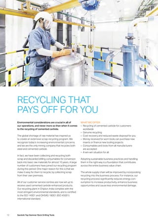 12 Sandvik Top Hammer Rock Drilling Tools
RECYCLING THAT
PAYS OFF FOR YOU
Environmental considerations are crucial in all of
our operations, and never more so than when it comes
to the recycling of cemented carbide.
The global shortage of raw material has inspired us
to create an extensive scrap-recycling program. We
­recognize today’s increasing environmental concerns,
and we are the only mining company that recycles both
steel and cemented carbide.
In fact, we have been collecting and recycling both
scrap and discarded drilling consumables for conversion
back into basic raw materials for almost 10 years. A large
number of customers have joined our recycling program
during this period. One major reason for this is that we
make it easy for them to recycle, by collecting scrap
from their own premises.
All of our customer service centres are now set up to
­receive used cemented carbide-enhanced products.
Our recycling plant in Chiplun, India complies with the
most stringent environmental standards, and is certified
to the ISO 14001 and OHSAS 18001 (ISO 45001)
­international standard.
WHAT WE OFFER:
–– Recycling of cemented carbide for customers
­worldwide
–– Genuine recycling
–– Cost recovery and reduced waste disposal for you
–– Money received for worn tools can purchase new
­inserts or finance new tooling projects
–– Consumables and tools from all manufacturers
are accepted
–– A win-win situation for all
Adopting sustainable business practices and handling
them in the right way is a foundation that contributes
across the entire business value chain.
The whole supply chain will be improved by incorporating
recycling into the business process. For instance, our
­recycling process significantly reduces energy con-
sumption to increase productivity, enhance business
oppor­tunities and cause less environmental damage.
 