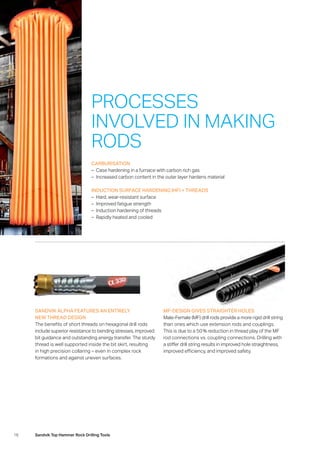 16 Sandvik Top Hammer Rock Drilling Tools
CARBURISATION
–– Case hardening in a furnace with carbon rich gas
–– Increased carbon content in the outer layer hardens material
INDUCTION SURFACE HARDENING (HF) + THREADS
–– Hard, wear-resistant surface
–– Improved fatigue strength
–– Induction hardening of threads
–– Rapidly heated and cooled
PROCESSES
INVOLVED IN MAKING
RODS
SANDVIK ALPHA FEATURES AN ENTIRELY
NEW THREAD DESIGN
The benefits of short threads on hexagonal drill rods
­include superior resistance to bending stresses, improved
bit guidance and outstanding energy transfer. The sturdy
thread is well supported inside the bit skirt, resulting
in high precision collaring – even in complex rock
­formations and against uneven surfaces.
MF-DESIGN GIVES STRAIGHTER HOLES
Male-Female (MF) drill rods provide a more rigid drill string
than ones which use extension rods and couplings.
This is due to a 50 % reduction in thread play of the MF
rod connections vs. coupling connections. Drilling with
a stiffer drill string results in improved hole straightness,
improved efficiency, and improved safety.
 