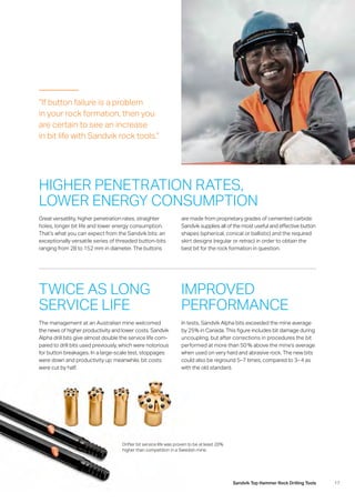 17Sandvik Top Hammer Rock Drilling Tools
Great versatility, higher penetration rates, straighter
holes, longer bit life and lower energy consumption.
That’s what you can expect from the Sandvik bits: an
­exceptionally versatile series of threaded button-bits
ranging from 28 to 152 mm in diameter. The buttons
are made from proprietary grades of cemented carbide:
Sandvik supplies all of the most useful and effective ­button
shapes (spherical, conical or ballistic) and the required
skirt designs (regular or retrac) in order to obtain the
best bit for the rock formation in question.
HIGHER PENETRATION RATES,
LOWER ENERGY CONSUMPTION
“If button failure is a problem
in your rock formation, then you
are certain to see an increase
in bit life with Sandvik rock tools.”
TWICE AS LONG
SERVICE LIFE
The management at an Australian mine welcomed
the news of higher productivity and lower costs. Sandvik
Alpha drill bits give almost double the service life com-
pared to drill bits used previously, which were notorious
for button breakages. In a large-scale test, stoppages
were down and productivity up: meanwhile, bit costs
were cut by half.
IMPROVED
PERFORMANCE
In tests, Sandvik Alpha bits exceeded the mine average
by 25% in Canada. This figure includes bit damage during
uncoupling, but after corrections in procedures the bit
performed at more than 50 % above the mine’s average
when used on very hard and abrasive rock. The new bits
could also be reground 5–7 times, compared to 3– 4 as
with the old standard.
Drifter bit service life was proven to be at least 20%
higher than competition in a Swedish mine.
 