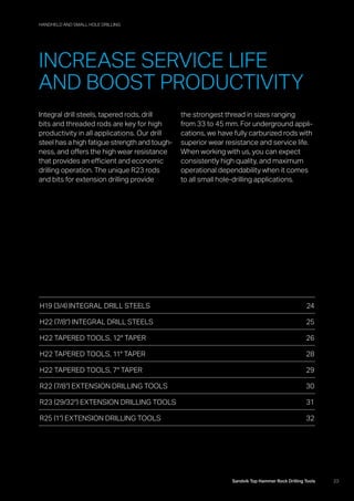23Sandvik Top Hammer Rock Drilling Tools
Integral drill steels, tapered rods, drill
bits and threaded rods are key for high
productivity in all applications. Our drill
steel has a high fatigue strength and tough­
ness, and offers the high wear resistance
that provides an efficient and economic
drilling operation. The unique R23 rods
and bits for extension drilling provide
the strongest thread in sizes ranging
from 33 to 45 mm. For underground appli-
cations, we have fully carburized rods with
superior wear resistance and service life.
When working with us, you can expect
consistently high quality, and maximum
operational dependability when it comes
to all small hole-drilling applications.
H19 (3/4) INTEGRAL DRILL STEELS 24
H22 (7/8) INTEGRAL DRILL STEELS 25
H22 TAPERED TOOLS, 12° TAPER 26
H22 TAPERED TOOLS, 11° TAPER 28
H22 TAPERED TOOLS, 7° TAPER 29
R22 (7/8) EXTENSION DRILLING TOOLS 30
R23 (29/32) EXTENSION DRILLING TOOLS 31
R25 (1) EXTENSION DRILLING TOOLS 32
INCREASE SERVICE LIFE
AND BOOST PRODUCTIVITY
HANDHELD AND SMALL HOLE DRILLING
 
