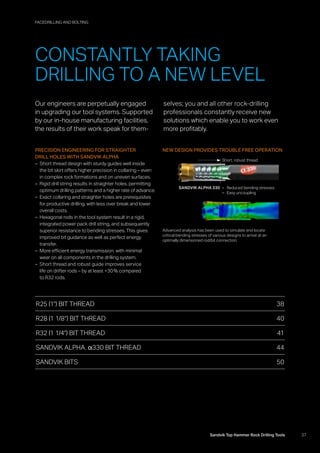 37Sandvik Top Hammer Rock Drilling Tools
Our engineers are perpetually engaged
in upgrading our tool systems. Supported
by our in-house manufacturing facilities,
the results of their work speak for them-
selves; you and all other rock-drilling
­professionals constantly receive new
­solutions which enable you to work even
more profitably.
R25 (1) BIT THREAD 38
R28 (1 1/8) BIT THREAD 40
R32 (1 1/4) BIT THREAD 41
SANDVIK ALPHA. α330 BIT THREAD 44
SANDVIK BITS 50
CONSTANTLY TAKING
DRILLING TO A NEW LEVEL
FACEDRILLING AND BOLTING
Advanced analysis has been used to simulate and locate
critical bending stresses of various designs to arrive at an
optimally dimensioned rod/bit connection.
NEW DESIGN ­PROVIDES ­TROUBLE FREE OPERATION
SANDVIK ALPHA 330
Short, robust thread
–– Reduced bending stresses
–– Easy uncoupling
PRECISION ENGINEERING FOR STRAIGHTER
DRILL HOLES WITH SANDVIK ALPHA
–– Short thread design with sturdy guides well inside
the bit skirt offers higher precision in collaring – even
in complex rock formations and on uneven surfaces.
–– Rigid drill string results in straighter holes, permitting
optimum drilling patterns and a higher rate of advance.
–– Exact collaring and straighter holes are prerequisites
for productive drilling, with less over break and lower
overall costs.
–– Hexagonal rods in the tool system result in a rigid,
­integrated power pack drill string, and subsequently
superior resistance to bending stresses. This gives
­improved bit guidance as well as perfect energy
­transfer.
–– More efficient energy transmission, with minimal
wear on all components in the drilling system.
–– Short thread and robust guide improves service
life on drifter rods – by at least +30 % compared
to R32 rods.
 