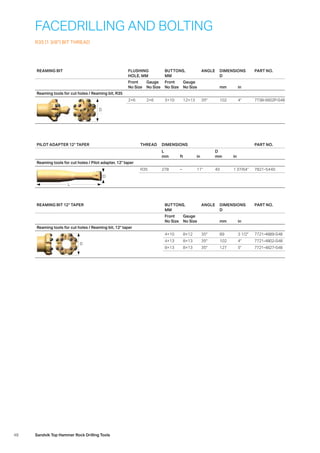 48 Sandvik Top Hammer Rock Drilling Tools
REAMING BIT FLUSHING
HOLE, MM
BUTTONS,
MM
ANGLE DIMENSIONS
D
PART NO.
Front
No Size
Gauge
No Size
Front
No Size
Gauge
No Size mm in
Reaming tools for cut holes / Reaming bit, R35
D
2×6 2×6 3×10 12×13 35° 102 4 7738-5602P-S48
REAMING BIT 12° TAPER BUTTONS,
MM
ANGLE DIMENSIONS
D
PART NO.
Front
No Size
Gauge
No Size mm in
Reaming tools for cut holes / Reaming bit, 12° taper
D
4×10 8×12 35° 89 3 1/2 7721-4889-S48
4×13 8×13 35° 102 4 7721-4802-S48
8×13 8×13 35° 127 5 7721-4827-S48
FACEDRILLING AND BOLTING
R35 (1 3/8) BIT THREAD
PILOT ADAPTER 12° TAPER THREAD DIMENSIONS PART NO.
L
mm ft in
D
mm in
Reaming tools for cut holes / Pilot adapter, 12° taper
L
D
R35 278 – 11 40 1 37/64 7821-5440
 