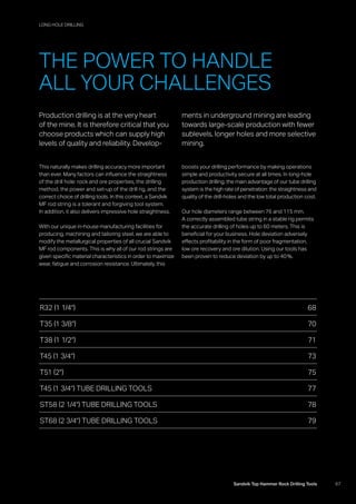 67Sandvik Top Hammer Rock Drilling Tools
R32 (1 1/4) 68
T35 (1 3/8) 70
T38 (1 1/2) 71
T45 (1 3/4) 73
T51 (2) 75
T45 (1 3/4) TUBE DRILLING TOOLS 77
ST58 (2 1/4) TUBE DRILLING TOOLS 78
ST68 (2 3/4) TUBE DRILLING TOOLS 79
LONG HOLE DRILLING
Production drilling is at the very heart
of the mine. It is therefore critical that you
choose products which can supply high
levels of quality and reliability. Develop-
This naturally makes drilling accuracy more important
than ever. Many factors can influence the straightness
of the drill hole: rock and ore properties, the drilling
­method, the power and set-up of the drill rig, and the
­correct choice of drilling tools. In this context, a Sandvik
MF rod string is a tolerant and forgiving tool system.
In addition, it also delivers impressive hole straightness.
With our unique in-house manufacturing facilities for
­producing, machining and tailoring steel, we are able to
modify the metallurgical properties of all crucial Sandvik
MF rod components. This is why all of our rod strings are
given specific material characteristics in order to maximize
wear, fatigue and corrosion resistance. Ultimately, this
ments in underground mining are leading
towards large-scale production with fewer
sublevels, longer holes and more selective
mining.
boosts your drilling performance by making operations
simple and productivity secure at all times. In long-hole
production drilling, the main advantage of our tube drilling
system is the high rate of penetration: the straightness and
quality of the drill-holes and the low total production cost.
Our hole diameters range between 76 and 115 mm.
A correctly assembled tube string in a stable rig permits
the accurate drilling of holes up to 60 meters. This is
beneficial for your business. Hole deviation adversely
­effects profitability in the form of poor fragmentation,
low ore recovery and ore dilution. Using our tools has
been proven to reduce deviation by up to 40 %.
THE POWER TO HANDLE
ALL YOUR CHALLENGES
 