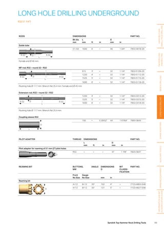 69Sandvik Top Hammer Rock Drilling Tools
HANDHELDAND
SMALLHOLEDRILLING
FACEDRILLING
ANDBOLTING
BENCHDRILLINGLONGHOLEDRILLINGSHANKADAPTERSAUXILIARYTOOLS
LONG HOLE DRILLING UNDERGROUND
R32 (1 1/4)
REAMING BIT BUTTONS,
MM
ANGLE DIMENSIONS
D
BIT
CLASSI­
FICATION
PART NO.
Front
No Size
Gauge
No Size mm in
Reaming bit
D
4×12 8×12 35° 102 4 – 7723-4802-S48
4×12 8×12 35° 127 5 – 7723-4827-S48
RODS DIMENSIONS PART NO.
Bit dia.
mm
L
mm ft in
D
mm in
Guide tube
R 32
L
R 32D
51– 64 1830 6' – 46 1 3/4 7953-4618-20
Female end Ø 46 mm.
MF-rod, R32 – round 32 – R32
R 32
L
R 32D
915 3' – 32 1 1/4 7853-5109-20
1220 4' – 32 1 1/4 7853-5112-20
1525 5' – 32 1 1/4 7853-5115-20
1830 6' – 32 1 1/4 7853-5118-20
Flushing hole Ø 11.7 mm. Wrench flat 25.4 mm. Female end Ø 45 mm.
Extension rod, R32 – round 32 – R32
R 32
L
R 32D
1220 4' – 32 1 1/4 7853-3312-20
1525 5' – 32 1 1/4 7853-3315-20
1830 6' – 32 1 1/4 7853-3318-20
Flushing hole Ø 11.7 mm. Wrench flat 25.4 mm.
Coupling sleeve R32
D
L
150 – 5 29/32 44 1 47/64 7993-3644
PILOT ADAPTER THREAD DIMENSIONS PART NO.
L
mm ft in
D
mm in
Pilot adapter for reaming of 51 mm (2) pilot holes
D
R32 – – – 47 1 7/8 7823-3647
GRINDINGEQUIPMENT
INFORMATIONANDBIT
CLASSIFICATIONGUIDE
 